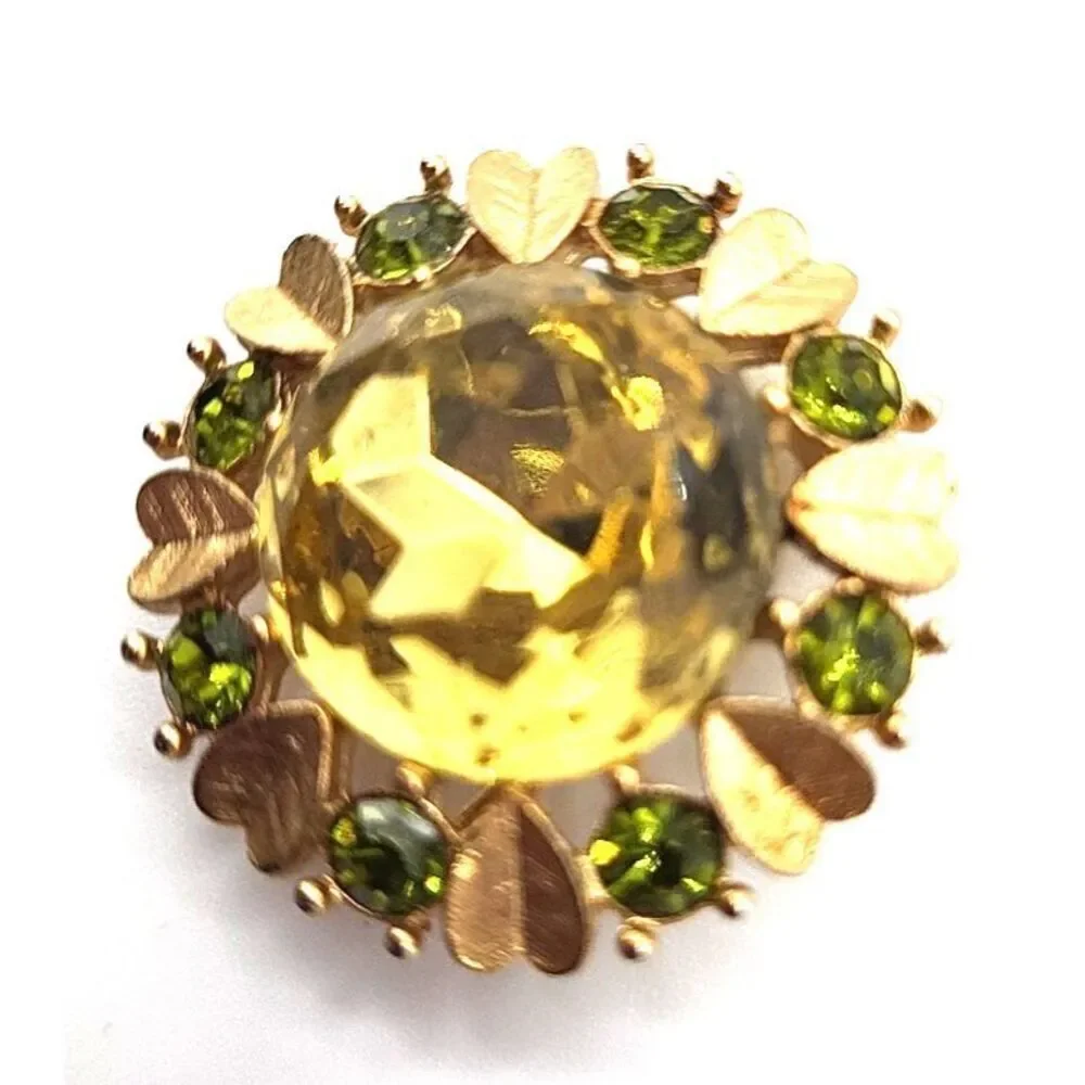 Avon Sun Brilliants Citrine Heart Green Gold Tone Round Brooch Pin Pendan 1in